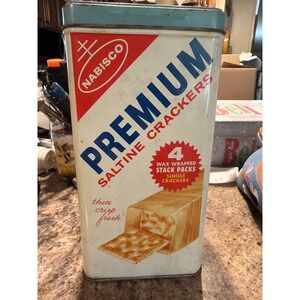 Vintage Nabisco Premium Saltine Crackers Tin Blue Lid Bilingual Advertising 14oz